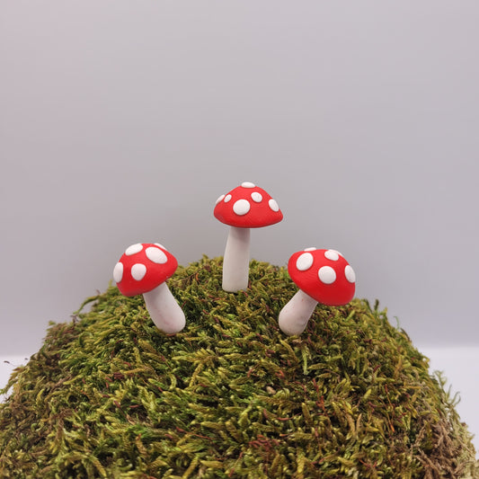 Three small red mushrooms with textured tops stand on a preserved moss hill.