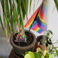 The Pride fairy door rests against a houseplant next to a Pride flag. It is a perfect gift for 2SLGBTQ+ plant lovers.